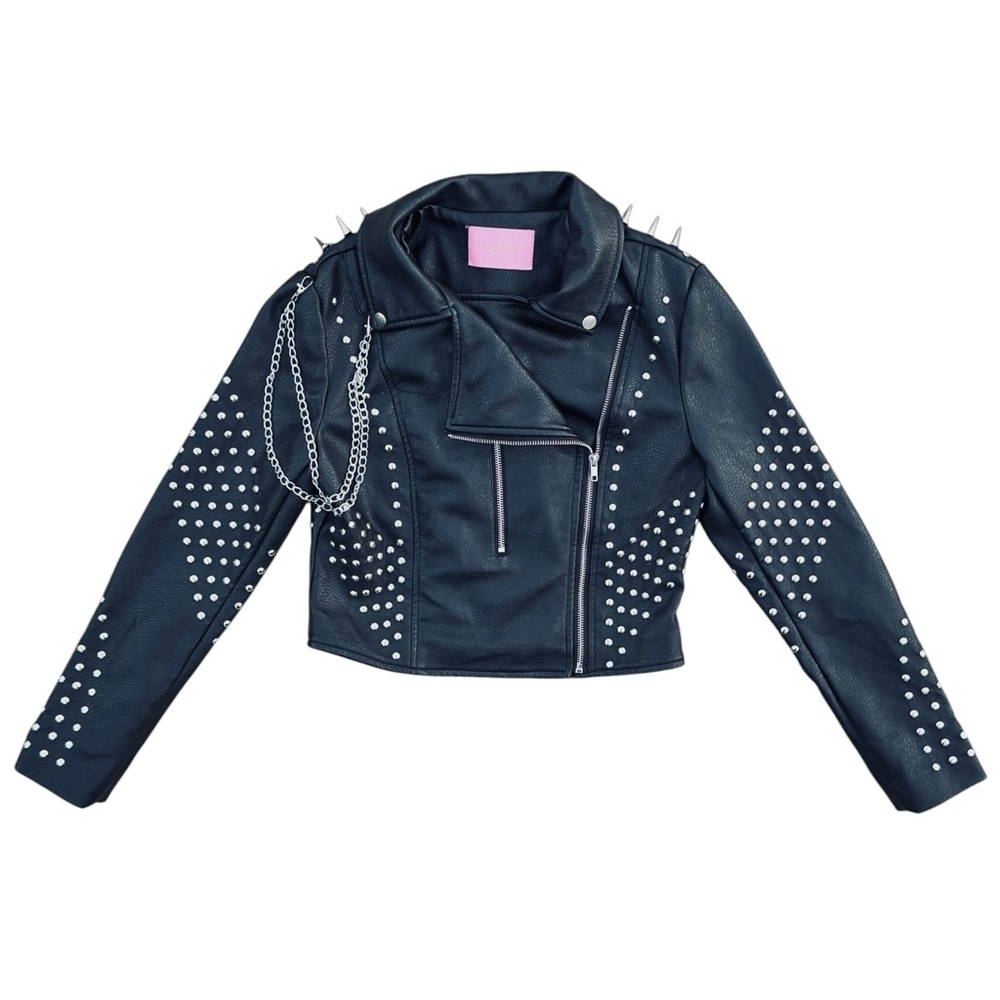 Women's Black Faux Leather Studded Moto Jacket with Chain Detail